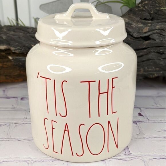 Rae Dunn TIS THE SEASON Ceramic Cookie Jar Canister with Red Lettering - Picture 1 of 8
